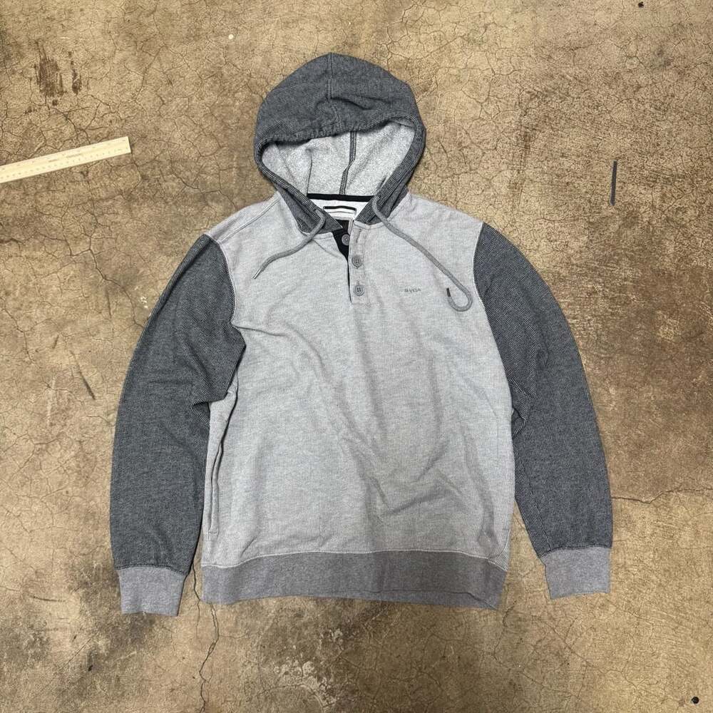 RVCA Henley Hoodie Size M Grey Pullover Thermal Waffle Knit